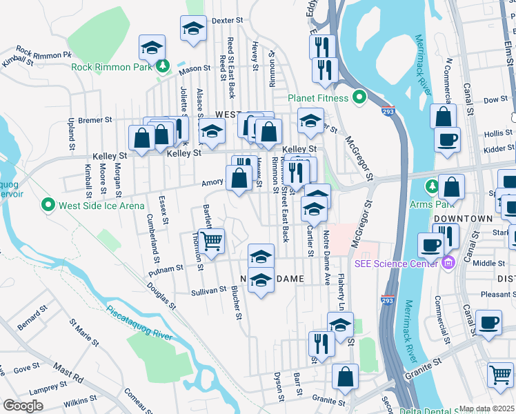 map of restaurants, bars, coffee shops, grocery stores, and more near 402 Hevey Street in Manchester