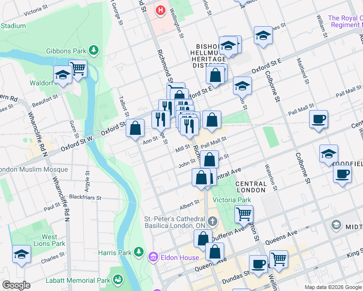 map of restaurants, bars, coffee shops, grocery stores, and more near 673 Richmond Street in London