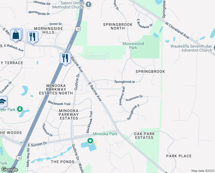 map of restaurants, bars, coffee shops, grocery stores, and more near 1927 Springbrook North in Waukesha