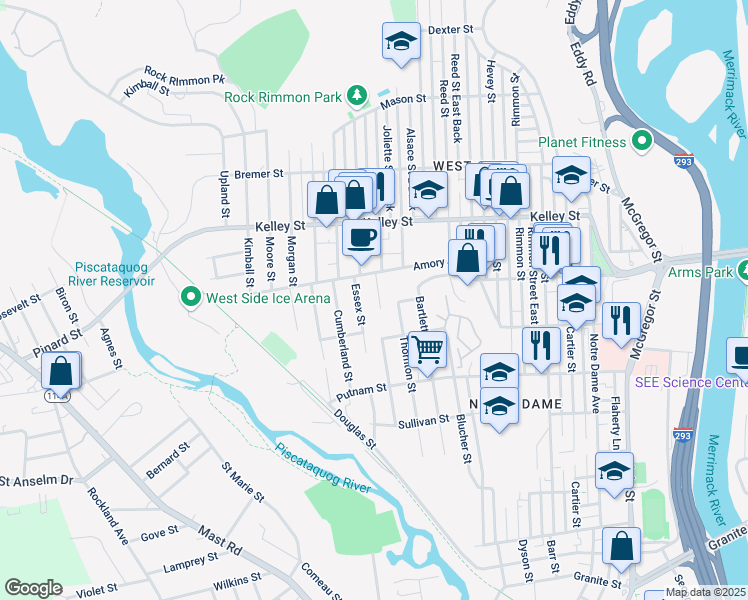 map of restaurants, bars, coffee shops, grocery stores, and more near 20 Essex Street in Manchester