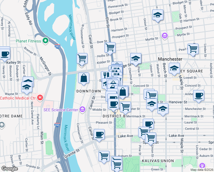 map of restaurants, bars, coffee shops, grocery stores, and more near 1000 Elm Street in Manchester