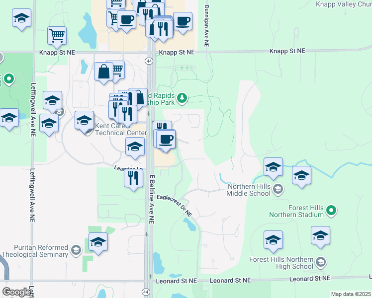 map of restaurants, bars, coffee shops, grocery stores, and more near 3330 Grand Ridge Drive Northeast in Grand Rapids