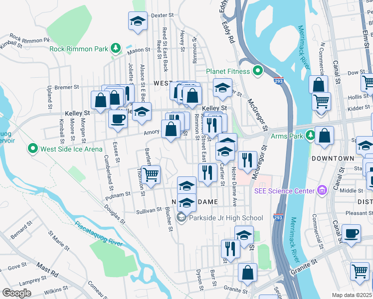 map of restaurants, bars, coffee shops, grocery stores, and more near Hevey Street in Manchester