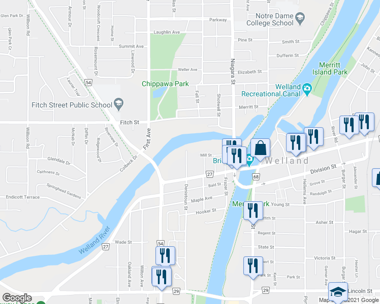 map of restaurants, bars, coffee shops, grocery stores, and more near 56 Denistoun Street in Welland