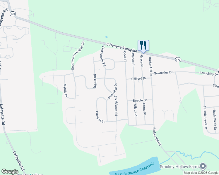map of restaurants, bars, coffee shops, grocery stores, and more near 4592 Providence Road in Jamesville