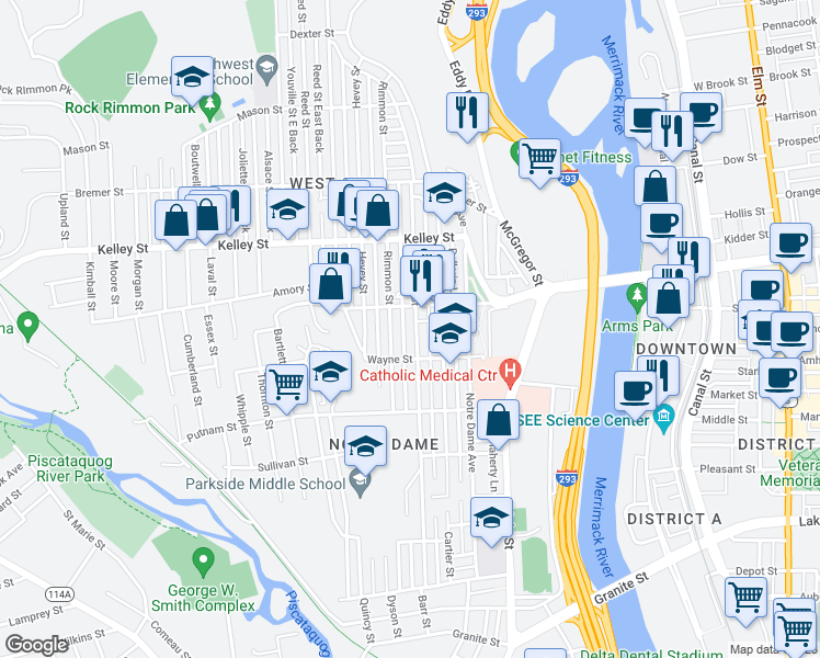 map of restaurants, bars, coffee shops, grocery stores, and more near 376 Dubuque Street in Manchester