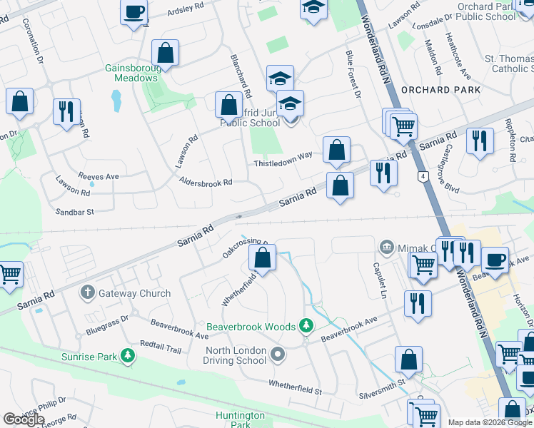 map of restaurants, bars, coffee shops, grocery stores, and more near 600 Sarnia Road in London
