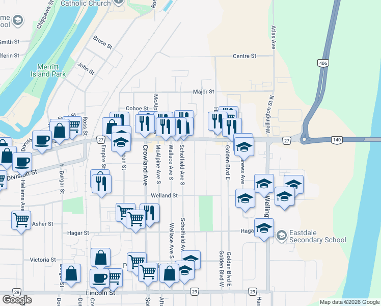map of restaurants, bars, coffee shops, grocery stores, and more near 17 Lyons Avenue in Welland