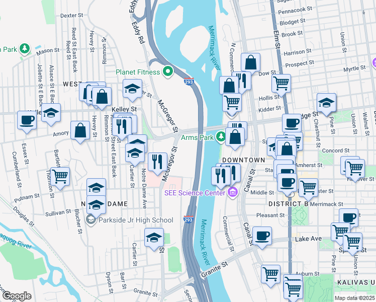 map of restaurants, bars, coffee shops, grocery stores, and more near 195 McGregor Street in Manchester