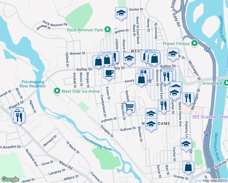 map of restaurants, bars, coffee shops, grocery stores, and more near 20 Essex Street in Manchester