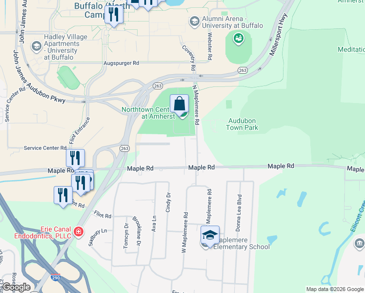 map of restaurants, bars, coffee shops, grocery stores, and more near 74 Das Court in Buffalo