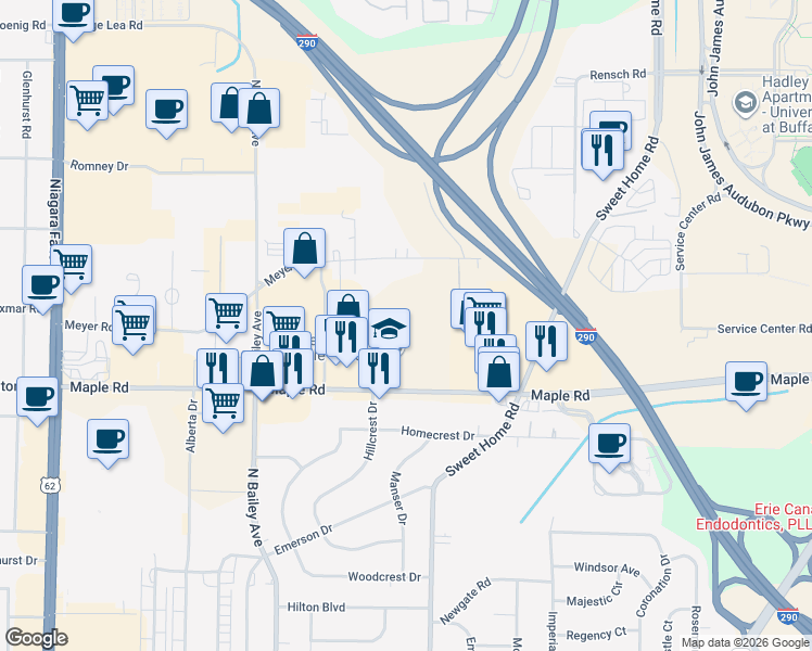 map of restaurants, bars, coffee shops, grocery stores, and more near 4150 Maple Road in Buffalo