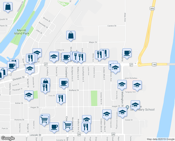 map of restaurants, bars, coffee shops, grocery stores, and more near 706 East Main Street in Welland