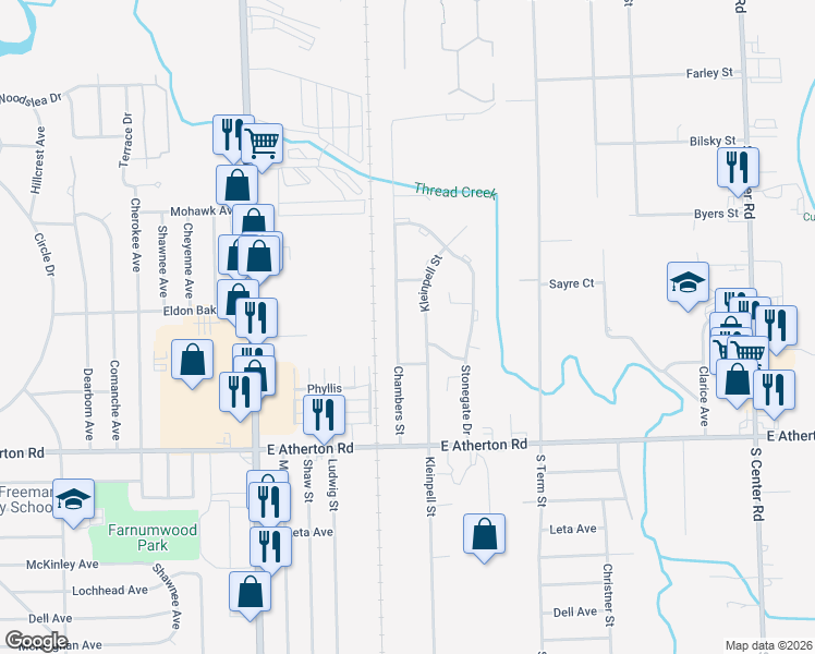 map of restaurants, bars, coffee shops, grocery stores, and more near 3305 Chambers Street in Flint