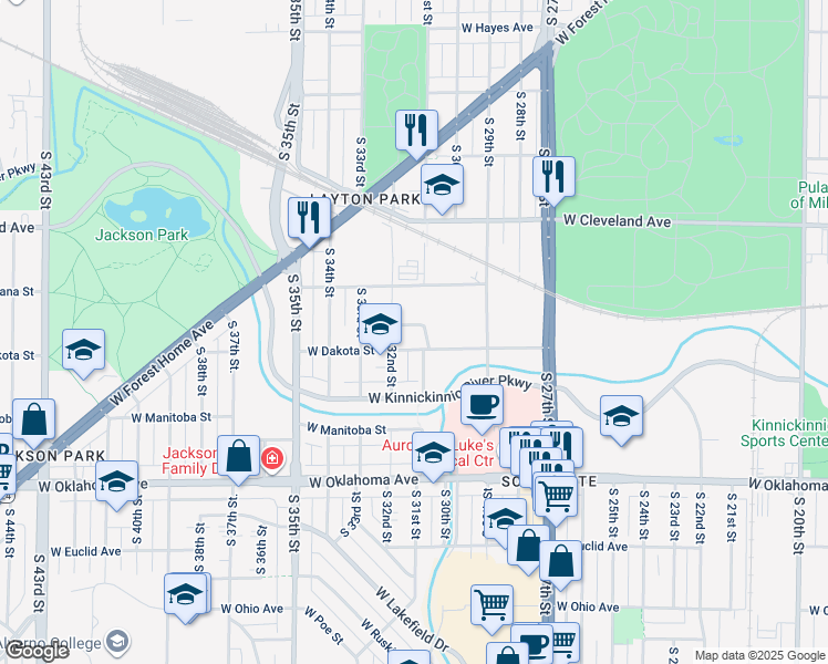 map of restaurants, bars, coffee shops, grocery stores, and more near 3102 West Dakota Street in Milwaukee