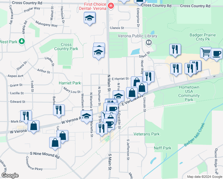 map of restaurants, bars, coffee shops, grocery stores, and more near 133 North Main Street in Verona