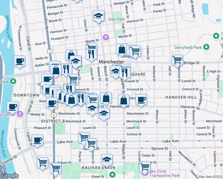 map of restaurants, bars, coffee shops, grocery stores, and more near 207 Lowell Street in Manchester