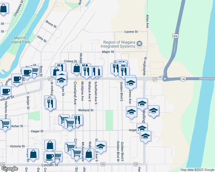 map of restaurants, bars, coffee shops, grocery stores, and more near in Welland