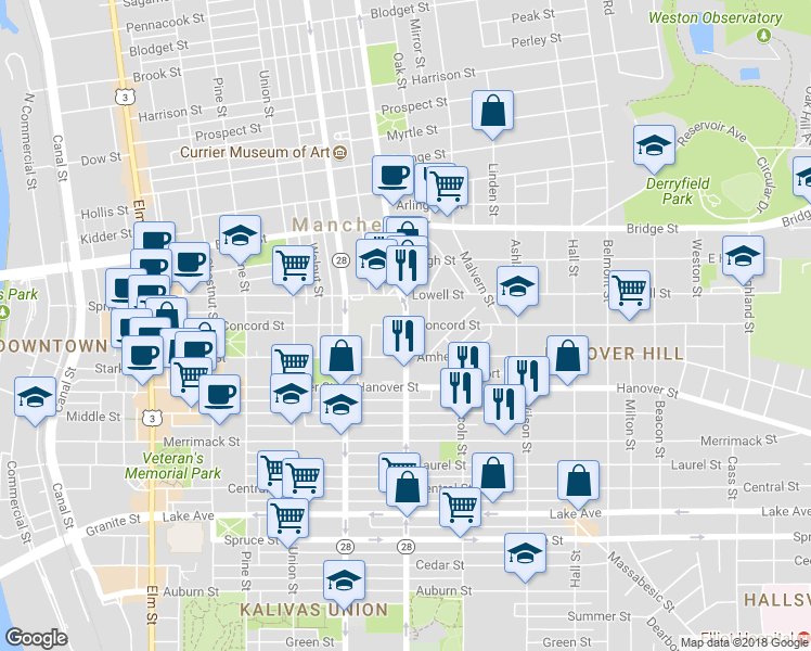 map of restaurants, bars, coffee shops, grocery stores, and more near 481 Maple Street in Manchester