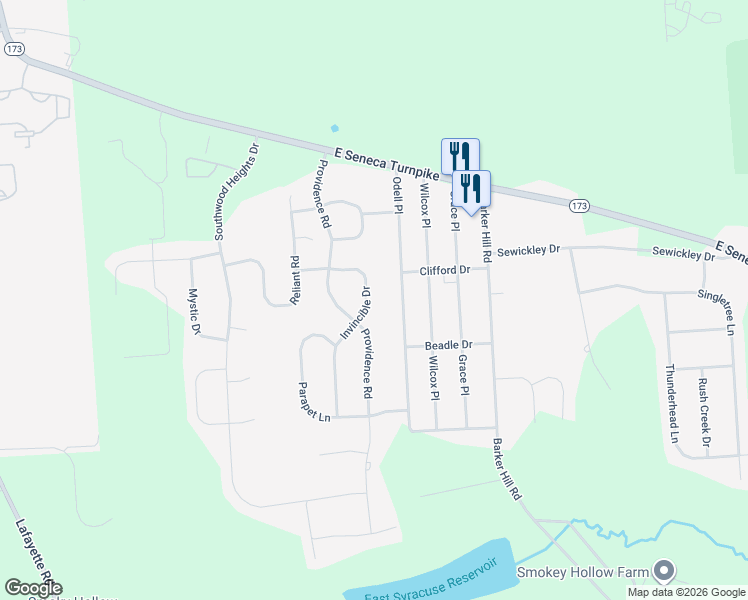map of restaurants, bars, coffee shops, grocery stores, and more near 5833 Invincible Drive in Jamesville