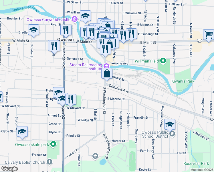 map of restaurants, bars, coffee shops, grocery stores, and more near 600 South Washington Street in Owosso