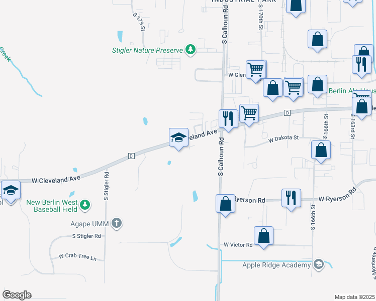 map of restaurants, bars, coffee shops, grocery stores, and more near 17401 West Cleveland Avenue in New Berlin