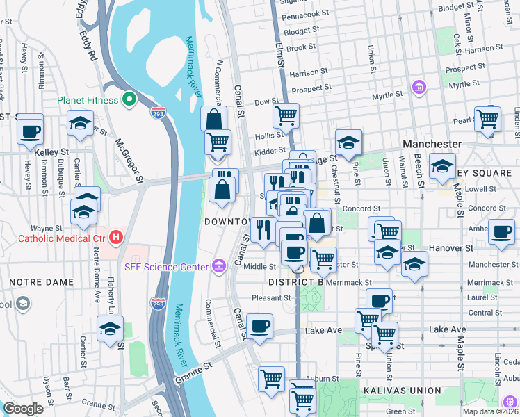 map of restaurants, bars, coffee shops, grocery stores, and more near 484 Canal Street in Manchester