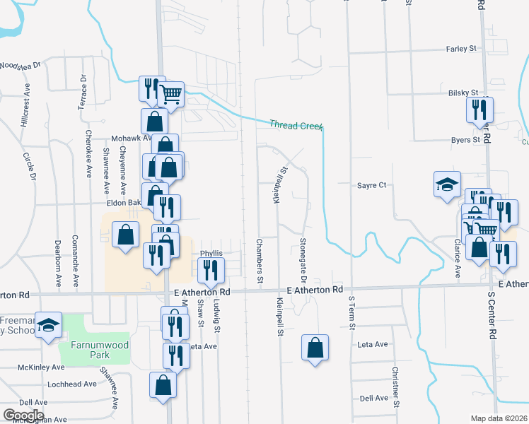 map of restaurants, bars, coffee shops, grocery stores, and more near 3305 Chambers Street in Flint
