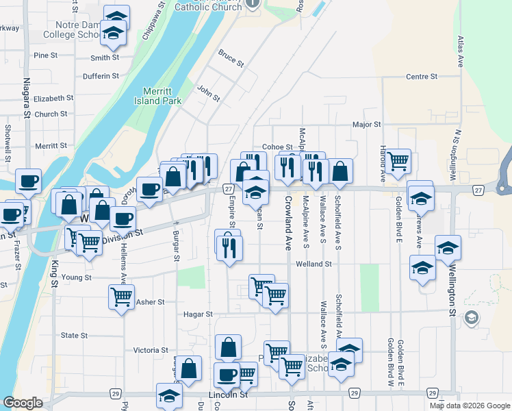 map of restaurants, bars, coffee shops, grocery stores, and more near 19 Duncan Street in Welland