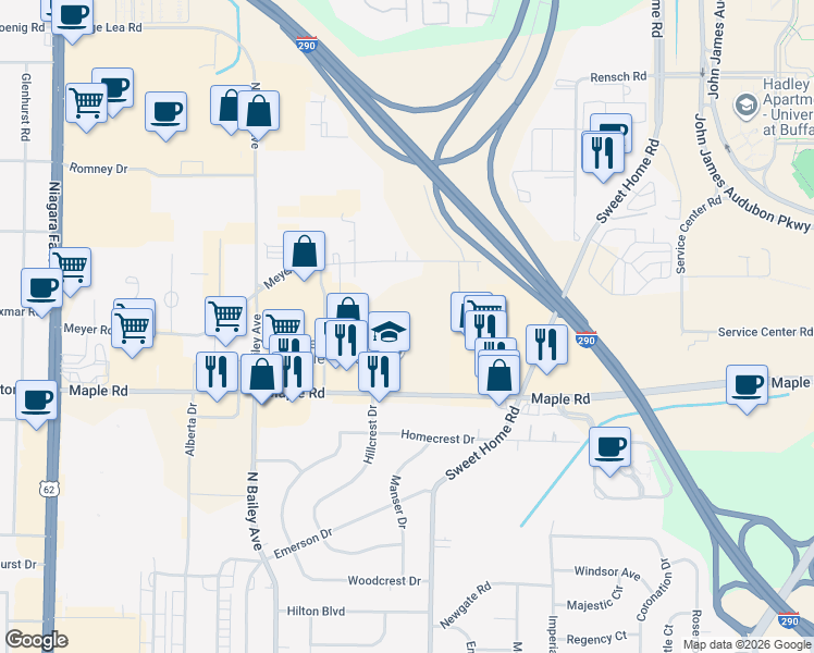 map of restaurants, bars, coffee shops, grocery stores, and more near 4150 Maple Road in Buffalo