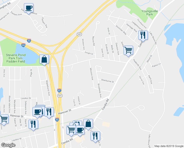 map of restaurants, bars, coffee shops, grocery stores, and more near 105 Mission Avenue in Manchester