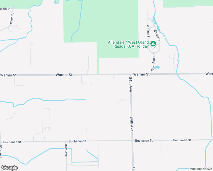 map of restaurants, bars, coffee shops, grocery stores, and more near 8534 Warner Street in Allendale Charter Township