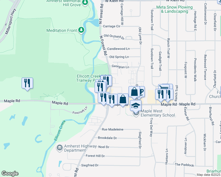 map of restaurants, bars, coffee shops, grocery stores, and more near 1329 North Forest Road in Buffalo