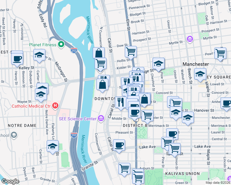 map of restaurants, bars, coffee shops, grocery stores, and more near 484 Canal Street in Manchester