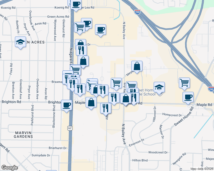 map of restaurants, bars, coffee shops, grocery stores, and more near 140 Meyer Road in Buffalo