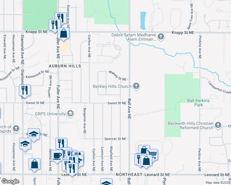 map of restaurants, bars, coffee shops, grocery stores, and more near 1515 Manton Street Northeast in Grand Rapids