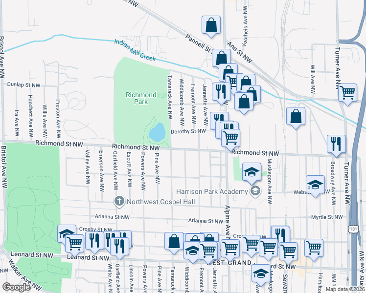 map of restaurants, bars, coffee shops, grocery stores, and more near 935 Richmond Street Northwest in Grand Rapids
