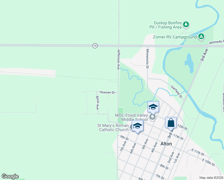 map of restaurants, bars, coffee shops, grocery stores, and more near 1001 Hoeven Drive in Alton