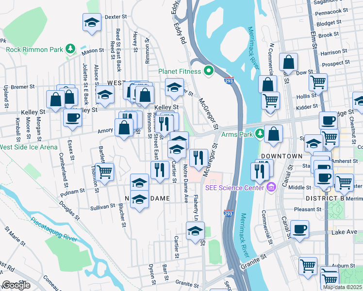 map of restaurants, bars, coffee shops, grocery stores, and more near 134 Amory Street in Manchester