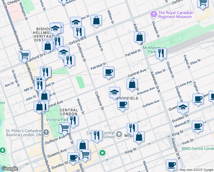 map of restaurants, bars, coffee shops, grocery stores, and more near 426 Central Avenue in London