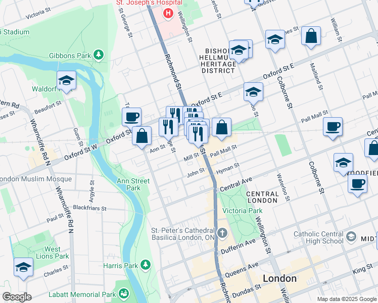 map of restaurants, bars, coffee shops, grocery stores, and more near in London