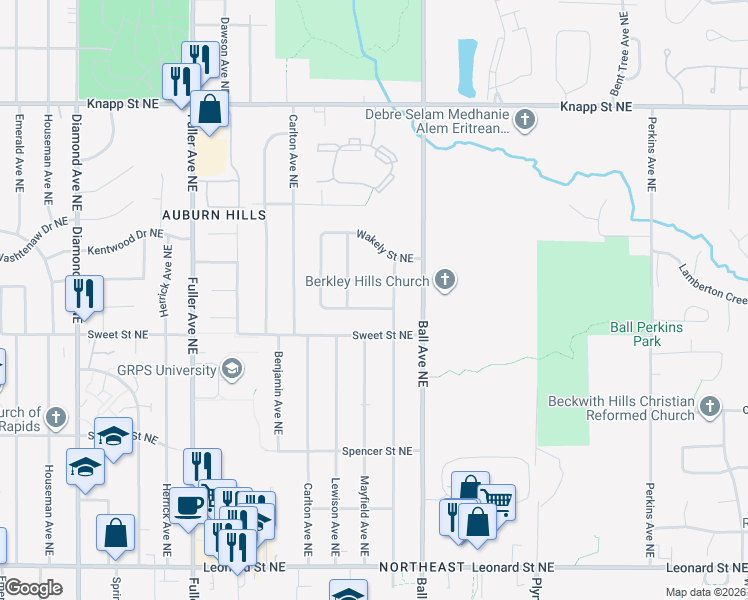 map of restaurants, bars, coffee shops, grocery stores, and more near 1515 Manton Street Northeast in Grand Rapids