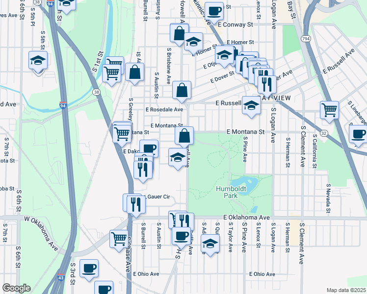 map of restaurants, bars, coffee shops, grocery stores, and more near 2835 South Howell Avenue in Milwaukee