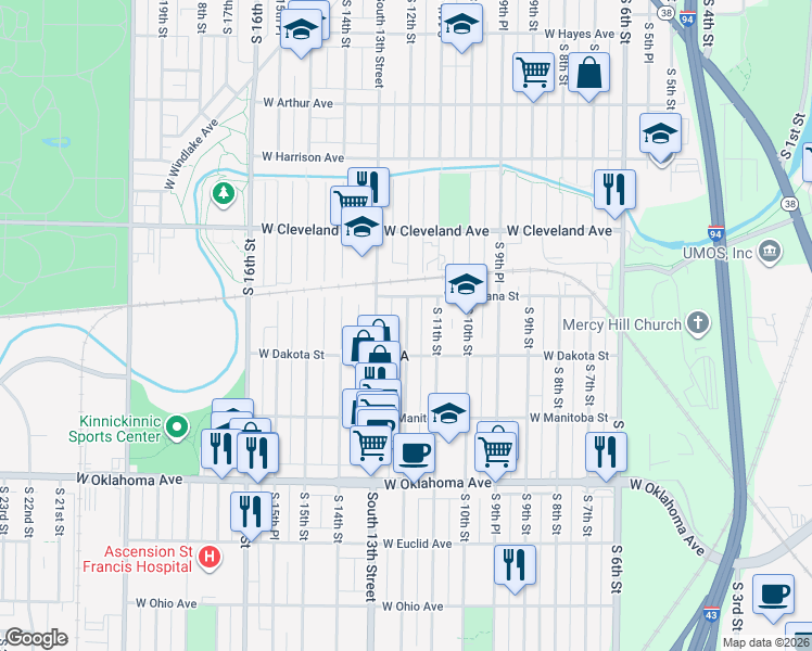 map of restaurants, bars, coffee shops, grocery stores, and more near 2826 South 12th Street in Milwaukee
