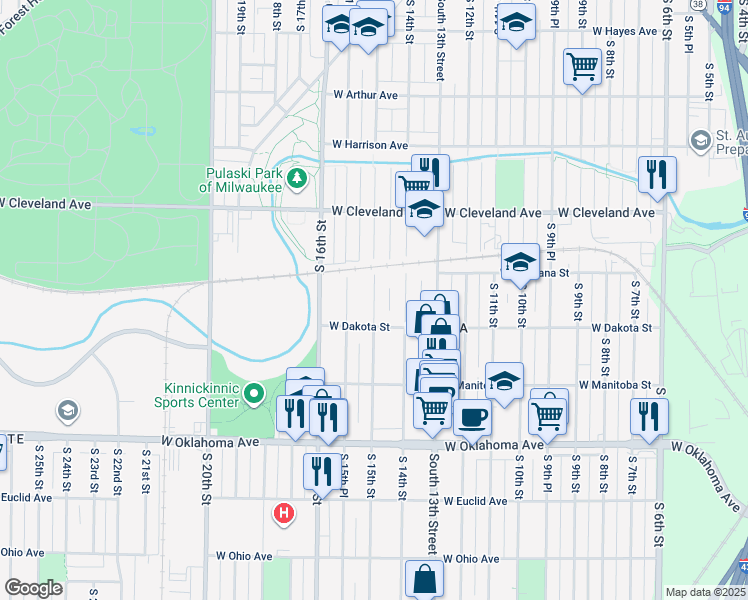 map of restaurants, bars, coffee shops, grocery stores, and more near 2833 South 15th Street in Milwaukee