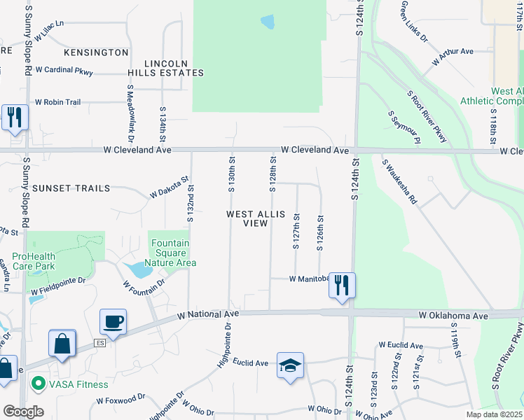 map of restaurants, bars, coffee shops, grocery stores, and more near 2825 South 128th Street in New Berlin
