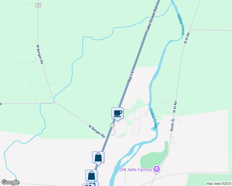 map of restaurants, bars, coffee shops, grocery stores, and more near 8678 Lake Street Road in Le Roy