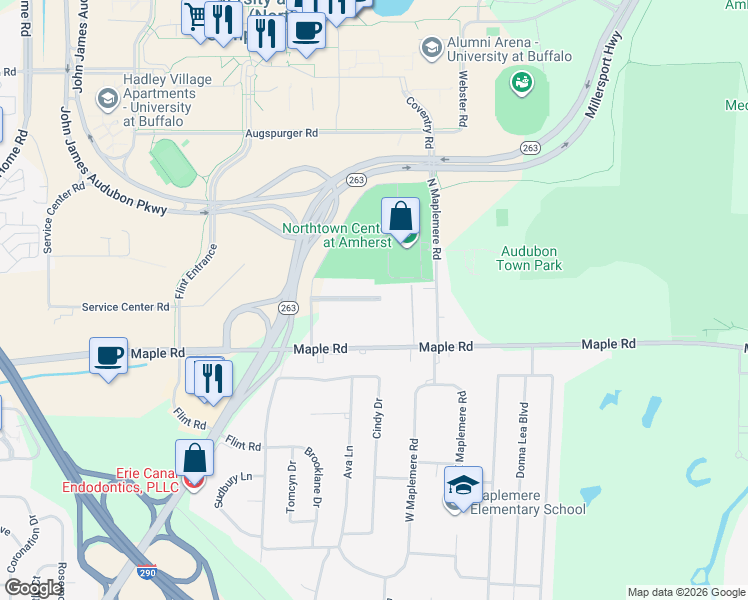 map of restaurants, bars, coffee shops, grocery stores, and more near 1525 Amherst Manor Drive in Williamsville