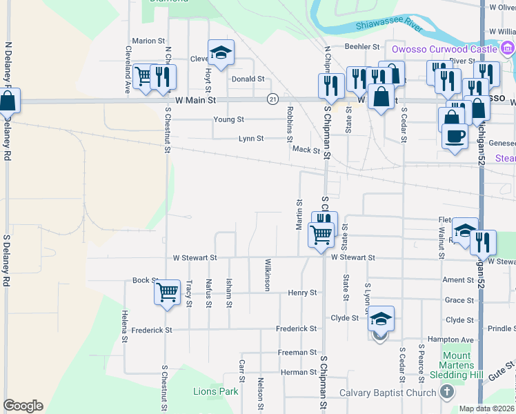 map of restaurants, bars, coffee shops, grocery stores, and more near 1412 Rain Street in Owosso
