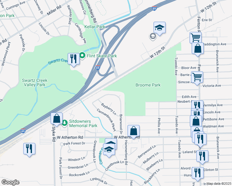 map of restaurants, bars, coffee shops, grocery stores, and more near 1712 Briarwood Drive in Flint